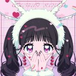  1girl animal_ears black_hair blush commentary_request copyright_request covered_mouth earrings fake_animal_ears hands_up heart heart_earrings heart_in_eye highres jewelry long_hair looking_at_viewer nail_art neki_(wakiko) pink_background rabbit_ears rainbow solo symbol_in_eye thick_eyebrows twintails violet_eyes 