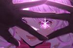  1girl :d black_gloves blurry blurry_foreground bow close-up edogawa_kigoro english_commentary gloves glowing glowing_eye highres idol_(yoasobi) lace lace_gloves lips looking_at_viewer looking_through_fingers maria_marionette nijisanji nijisanji_en open_mouth oshi_no_ko pink_eyes pink_hair portrait red_bow signature smile solo sparkling_eyes star-shaped_pupils star_(symbol) symbol-shaped_pupils 