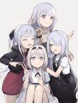  4girls aged_down ak-12_(girls&#039;_frontline) ak-15_(girls&#039;_frontline) alternate_costume an-94_(girls&#039;_frontline) blonde_hair blue_eyes braid closed_eyes defy_(girls&#039;_frontline) dog_tags french_braid girls_frontline grey_hair hair_over_one_eye hairband heieiii highres hood hooded_jacket jacket long_hair multiple_girls rpk-16_(girls&#039;_frontline) smile v violet_eyes 