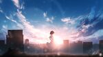  1girl absurdres backlighting blue_sky brown_hair building cityscape clouds cloudy_sky evening facing_away fisheye from_side furi0831 grass highres lens_flare long_skirt original pleated_skirt scenery shirt short_hair short_sleeves signature skirt sky skyline solo sun sunset white_shirt white_skirt 