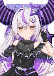  1girl absurdres amane_kanata amane_kanata_(3rd_costume) amane_kanata_(cosplay) angel_wings belt black_dress black_gloves black_horns black_nails black_wings blush colored_inner_hair commentary_request cosplay demon_girl demon_horns double-parted_bangs dress feathered_wings frilled_dress frills gloves grey_hair hair_ornament hairclip halo highres hololive horns kyabetsu_ningen la+_darknesss long_hair looking_at_viewer multicolored_hair nail_polish partially_fingerless_gloves purple_belt purple_hair purple_horns sleeveless sleeveless_dress solo star_halo streaked_hair striped_horns tail v very_long_hair virtual_youtuber wings yellow_eyes 