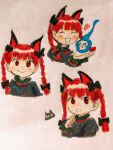  1girl :3 :d animal_ears black_bow black_cat blunt_bangs blunt_tresses blush bow braid cat cat_ears closed_eyes commentary cropped_torso d: dress english_commentary extra_ears fang floating_skull frills grey_background grey_dress hair_bow hair_ribbon hand_up happy heart hitodama index_finger_raised kaenbyou_rin long_hair looking_at_viewer multiple_views nose_blush open_mouth pointy_ears red_eyes redhead ribbon simple_background skin_fang smile straight-on touhou traditional_media tress_ribbon twin_braids uni9_ayako upper_body 