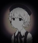  1girl andou_(fubin) black_background black_eyes black_headwear black_ribbon collared_shirt hat hatoba_tsugu light_frown light_particles pale_skin ribbon shirt short_hair solo suspenders tsugu_(vtuber) virtual_youtuber white_hair white_shirt 