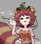  1girl animal_ears bell brown_eyes brown_hair dated fangs futatsuiwa_mamizou gourd grey_background hair_bell hair_ornament highres jingle_bell leaf leaf_hair_ornament leaf_on_head looking_at_viewer no_eyewear open_mouth raccoon_ears raccoon_girl raccoon_tail short_hair simple_background smoking_pipe solidus_(sword_cube) solo tail tanuki touhou 