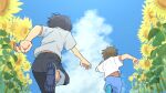  2boys back_peek black_hair black_pants blue_footwear blue_shorts blue_sky brown_hair clouds day field flower from_below highres kojiro337 male_child male_focus median_furrow multiple_boys original outdoors pants running shirt shoe_soles shoes short_hair short_sleeves shorts sky sneakers sunflower t-shirt white_shirt wind wind_lift 