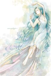  1girl aqua_hair arms_up barefoot closed_eyes collarbone dress full_body highres long_dress long_hair original painting_(medium) signature sleeveless sleeveless_dress solo traditional_media very_long_hair watercolor_(medium) white_dress yoestoyconmigo 