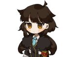  1girl ahoge armband blue_necktie brown_eyes brown_hair closed_mouth collared_shirt commentary_request employee_(lobotomy_corporation) expressionless eyebrows_hidden_by_hair flat_chest fur-trimmed_jacket fur_trim grey_jacket grey_vest hoshizuki_sakusa jacket lobotomy_corporation long_hair low_twintails necktie no_nose open_clothes open_jacket pale_skin project_moon red_armband shirt simple_background solo twintails upper_body vest white_background white_shirt 