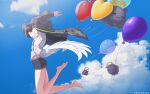  1girl :3 absurdres arms_up artist_name balloon barefoot black_jacket black_shorts blue_sky closed_mouth clouds commentary day drawstring english_commentary feathered_wings feet flying hair_between_eyes halo heart heart_balloon highres hololive hololive_english jacket legs_up long_sleeves low_wings ninomae_ina&#039;nis ninomae_ina&#039;nis_(5th_costume) off_shoulder official_alternate_costume open_clothes open_jacket open_mouth outdoors print_shirt profile purple_hair reylan520 shirt short_hair short_shorts short_sleeves shorts sky smile t-shirt takodachi_(ninomae_ina&#039;nis) teeth toes upper_teeth_only violet_eyes virtual_youtuber white_shirt white_wings wings 