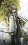  1girl arknights black_choker black_skirt brown_eyes brown_hair choker closed_mouth coat elf feet_out_of_frame from_side grey_shirt hair_ornament high-waist_skirt holding holding_staff holding_umbrella long_hair long_skirt long_sleeves looking_at_viewer looking_to_the_side muelsyse_(arknights) muzhucunmuzhucun open_clothes open_coat petals pointy_ears shirt skirt smile solo staff standing standing_on_one_leg umbrella very_long_hair white_coat 