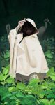  1boy absurdres bird black_hair closed_mouth expressionless half-closed_eyes hand_up highres hood hood_up looking_at_viewer male_focus original plant polilla raincoat short_hair solo 