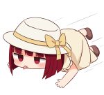  1girl all_fours arima_kana blush bow brown_bow brown_dress brown_footwear chibi closed_mouth commentary_request dress full_body hana_kazari hat hat_bow highres jitome oshi_no_ko red_eyes redhead shoes short_sleeves solo sun_hat tongue tongue_out white_background white_headwear 