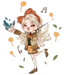  1girl absurdres animal bird blonde_hair bow bow_hairband brown_footwear brown_jacket chibi closed_eyes floral_print full_body hairband harry_potter:_magic_awakened harry_potter_(series) highres holding holding_animal holding_bird holding_wand jacket leaf musical_note neckerchief open_mouth orange_bow orange_neckerchief orange_skirt outstretched_arm parrot skirt smile socks solo swept_bangs wand white_background white_socks wizarding_world xialuo_yingling 