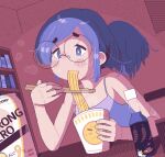  1girl beer_can blue_eyes blue_hair blue_tank_top blush_stickers bottle can chopsticks commentary dithering dutch_angle eating fluidvolt food glasses holding holding_chopsticks instant_ramen noodles original pixel_art ponytail round_eyewear sidelocks sitting solo strong_zero sweat symbol-only_commentary table tank_top upper_body 