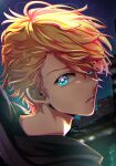  1boy absurdres blonde_hair blue_eyes commentary_request esora-arts highres hoshino_aquamarine looking_at_viewer looking_back lower_teeth_only male_focus open_mouth oshi_no_ko partial_commentary portrait short_hair sign solo star-shaped_pupils star_(symbol) symbol-shaped_pupils teeth 