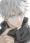  1boy blue_eyes closed_mouth commentary_request gojou_satoru high_collar jujutsu_kaisen looking_at_viewer male_focus nori20170709 short_hair simple_background solo twitter_username white_background white_hair 