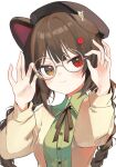  1girl :3 adjusting_eyewear animal_ears beret blush closed_mouth dog_ears dog_girl flower glasses hair_flower hair_ornament hat heterochromia highres inui_toko long_hair looking_at_viewer low_twintails nijisanji red_eyes red_flower simple_background smug solo sukuna136 twintails virtual_youtuber white_background yellow_eyes 