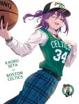  1girl :d ball bang_dream! basketball basketball_(object) basketball_jersey basketball_uniform boston_celtics hair_between_eyes highres holding logo long_hair looking_at_viewer national_basketball_association one_eye_closed open_mouth paul_pierce purple_hair red_eyes seta_kaoru smile sportswear yazawa_happyaro 