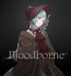 1girl absurdres aqua_hair ascot bang_dream! black_background bloodborne blue_bow bonnet bow braid brown_coat chinese_commentary closed_mouth coat collared_shirt commentary_request copyright_name cosplay gothic green_eyes hair_between_eyes hair_bow highres hikawa_hina parted_bangs plain_doll plain_doll_(cosplay) red_ascot red_headwear red_scarf scarf shirt solo twin_braids upper_body walluka white_shirt