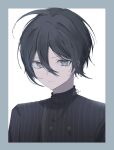  1boy ahoge black_hair black_jacket border brown_eyes buttons closed_mouth danganronpa_(series) danganronpa_v3:_killing_harmony double-breasted grey_border hair_between_eyes highres jacket long_sleeves looking_at_viewer male_focus portrait pote_(pote_39) saihara_shuichi short_hair smile solo striped striped_jacket white_background 