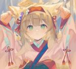  1girl animal_ear_fluff animal_ears animal_on_head arknights arms_up blonde_hair closed_mouth commentary_request fox fox_ears fox_girl fox_tail green_eyes hair_between_eyes hairband highres japanese_clothes kimono long_hair long_sleeves looking_up on_head pink_kimono red_hairband sleeves_past_wrists smile solo suzuran_(arknights) suzuran_(yukibare)_(arknights) tail tochi_(tochitochi2523) upper_body wide_sleeves 