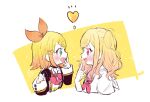  2girls :d blazer blonde_hair blue_eyes blush bow bowtie buttons collared_shirt commentary_request cropped_torso finger_to_mouth from_side gradient_hair hair_bow hair_ornament hairclip hand_to_own_mouth heart hexagram jacket kagamine_rin lapels long_hair looking_at_another looking_to_the_side multicolored_clothes multicolored_hair multicolored_jacket multiple_girls neckerchief notice_lines open_collar open_mouth orange_bow partial_commentary pink_bow pink_bowtie pink_eyes pink_hair pink_neckerchief plaid plaid_jacket polka_dot polka_dot_bow poppu_usagi profile project_sekai sailor_collar school_uniform serafuku shirt short_hair sleeve_cuffs smile sparkle star_(symbol) teeth tenma_saki twintails two-tone_jacket upper_body upper_teeth_only vocaloid wavy_hair white_background white_jacket white_sailor_collar white_serafuku white_shirt white_trim x_hair_ornament yellow_background 