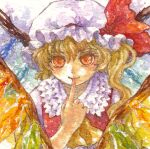  1girl ascot blonde_hair crystal finger_to_mouth flandre_scarlet hat hat_ribbon looking_at_viewer mob_cap orange_eyes painting_(medium) red_vest ribbon shiroma_(mamiko) side_ponytail solo touhou traditional_media vest watercolor_(medium) white_headwear wings yellow_ascot 