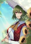  1girl absurdres ascot blush breasts collared_shirt day flower green_hair hair_between_eyes highres holding holding_umbrella kazami_yuuka keenii_(kenny86) large_breasts long_sleeves open_mouth outdoors plaid plaid_vest red_eyes red_vest shirt short_hair smile solo sunflower touhou umbrella upper_body vest white_shirt yellow_ascot yellow_flower 