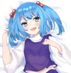  1girl aika4472 blue_eyes blue_hair commentary_request cosplay hair_bobbles hair_ornament highres kawashiro_nitori long_sleeves looking_at_viewer lying moriya_suwako moriya_suwako_(cosplay) on_back on_bed open_mouth purple_vest shirt solo touhou two_side_up upper_body vest white_shirt wide_sleeves 