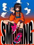  1girl aqua_eyes black_hair black_shorts black_socks blue_background blunt_bangs cigarette clouds english_text full_body gradient_background hand_up highres holding holding_cigarette jitome long_hair long_sleeves looking_at_viewer nao97122 open_mouth orange_background orange_sweater original pink_footwear ribbed_socks shoes shorts sitting smoke smoking sneakers socks solo straight_hair streetwear sweater triple_vertical_stripe two-tone_background zipper_pull_tab 