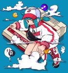  1girl aqua_hair baseball_cap black_eyes blue_background cherry_print clouds commentary drawstring drop_shadow famicom fanny_pack food_print full_body game_console ghost grin hat high_collar jitome long_sleeves looking_at_viewer low_twintails nao97122 nike original red_footwear red_headwear shoes sidelocks single_vertical_stripe smile sneakers socks solo streetwear sweater twintails white_footwear white_headwear white_sweater yellow_socks zipper_pull_tab 