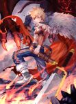  1boy 2nd_popularity_poll_(boku_no_hero_academia) alternate_universe bakugou_katsuki belt birthday blonde_hair blue_pants blurry boku_no_hero_academia boots brown_belt cape claws closed_mouth clothing_request commentary cropped dragon fanny_pack fantasy fire floating_cape from_behind full_body fur-trimmed_boots fur-trimmed_cape fur_trim greatsword grey_footwear hand_on_hilt hand_up highres holding holding_cape holding_clothes knee_pads looking_at_viewer looking_back male_focus milmil_(wa_ten&#039;nendesu) no_shirt official_alternate_costume out_of_frame outdoors pants planted planted_sword red_cape red_eyes rock sanpaku sheath sheathed short_hair short_sword sideways_mouth smoke solo spiky_hair standing stepping sword tooth_earrings torn_cape torn_clothes triangle_print weapon wide-eyed 