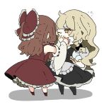  2girls apron back_bow bare_shoulders black_bow black_skirt black_vest blonde_hair bow braid brown_hair chantarou chibi closed_mouth detached_sleeves frilled_bow frilled_hair_tubes frilled_skirt frills full_body hair_bow hair_tubes hakurei_reimu hands_on_another&#039;s_cheeks hands_on_another&#039;s_face highres kirisame_marisa long_hair looking_at_another multiple_girls no_headwear one_eye_closed puffy_short_sleeves puffy_sleeves red_bow red_ribbon red_vest ribbon ribbon-trimmed_sleeves ribbon_trim shirt short_sleeves simple_background single_braid skirt skirt_set standing touhou vest waist_apron white_apron white_background white_bow white_shirt yellow_eyes 