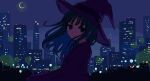  1girl blue_eyes building city city_lights cityscape cowboy_shot crescent expressionless floating_hair hat long_hair looking_at_viewer nanami_yuki_(yuki77mi) night night_sky original sky skyscraper solo witch_hat 