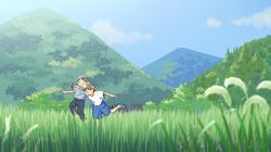  2boys black_pants blue_shorts blue_sky brown_hair closed_eyes clouds collared_shirt day dot_nose facing_viewer field full_body grass grey_shirt grin hair_between_eyes highres kojiro337 landscape male_child male_focus mountain multiple_boys nature open_mouth original outdoors outstretched_arms pants plant sandals scenery shirt short_hair short_sleeves shorts signature sky smile t-shirt teeth tree white_shirt wide_shot 