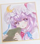  1girl book commentary crescent crescent_pin hat highres holding holding_book long_hair looking_at_viewer mob_cap moni_monico open_mouth patchouli_knowledge purple_hair sidelocks solo touhou traditional_media upper_body violet_eyes white_headwear 