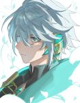  1boy ahoge alhaitham_(genshin_impact) aqua_eyes black_shirt cable chest_jewel closed_mouth cropped_shoulders from_side gem genshin_impact gold_trim green_gemstone grey_hair hair_between_eyes headphones highres looking_to_the_side male_focus mandarin_collar matohuku1210 messy_hair profile shaded_face shirt short_hair sidelocks simple_background solo swept_bangs two-tone_background 