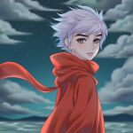  1boy blurry blurry_background clouds coat dayu_haitang from_side highres kumu_zaisheng looking_at_viewer looking_to_the_side mountainous_horizon night night_sky outdoors parted_lips qiu_(da_yu_hai_tang) red_coat red_scarf scarf short_hair sky solo star_(sky) starry_sky upper_body water white_hair wind yellow_eyes 