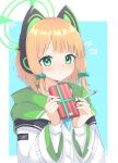  1girl animal_ear_headphones animal_ears blonde_hair blue_archive blush bow box cat_ear_headphones commentary expressionless fake_animal_ears flying_sweatdrops gift gift_box green_eyes hair_bow halo headphones highres holding holding_gift holding_pen hood hoodie long_sleeves looking_at_viewer midori_(blue_archive) necktie pen prst_pictuer short_hair solo upper_body 