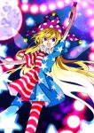  1girl american_flag_dress blonde_hair clownpiece commentary dress full_moon hat highres jester_cap long_hair looking_at_viewer moon neck_ruff one-hour_drawing_challenge polka_dot_headwear purple_headwear short_sleeves solo souko_illust star_(symbol) star_print striped striped_dress touhou very_long_hair violet_eyes 