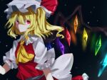  1girl ascot black_background blonde_hair blurry crystal flandre_scarlet hat hat_ribbon looking_at_viewer medium_hair mob_cap one_side_up rainbow_order red_eyes red_ribbon ribbon short_sleeves simple_background solo souko_illust touhou upper_body white_headwear wings yellow_ascot 