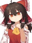  1girl ahoge ascot bare_shoulders black_hair blush bow breasts brown_eyes brown_hair closed_mouth commentary commentary_request detached_sleeves expressionless hair_between_eyes hair_bow hair_tubes hakurei_reimu hand_up head_tilt long_hair long_sleeves looking_at_viewer nose_blush orange_eyes red_bow red_eyes red_vest ribbon-trimmed_sleeves ribbon_trim sidelocks simple_background small_breasts solo split_mouth strangenovel touhou upper_body vest white_background yellow_ascot 