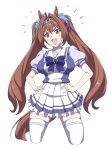  1girl :d absurdres animal_ears blue_bow blue_bowtie bow bowtie breasts brown_hair brown_tail cropped_legs daiwa_scarlet_(umamusume) fang hair_intakes hair_ribbon hands_on_own_hips highres horse_ears horse_girl horse_tail legs_apart looking_at_viewer medium_breasts miniskirt open_mouth pink_eyes pink_ribbon pleated_skirt powerhamuhamu puffy_short_sleeves puffy_sleeves ribbon school_uniform short_sleeves simple_background single_horizontal_stripe skin_fang skirt smile solo standing tail thigh-highs tiara twintails umamusume white_background white_thighhighs zettai_ryouiki 