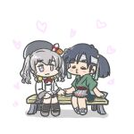  :3 apron bench beret black_hair black_headwear black_skirt chibi ferret-san flight_deck green_hakama green_kimono grey_eyes grey_hair grey_skirt hair_ribbon hakama hakama_short_skirt hakama_skirt hat headband incoming_kiss jacket japanese_clothes kantai_collection kashima_(kancolle) kimono long_hair long_sleeves military_jacket military_uniform miniskirt neckerchief pleated_skirt red_neckerchief ribbon sidelocks skirt souryuu_(kancolle) twintails uniform wavy_hair white_background white_jacket yuri 