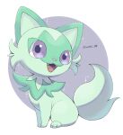  :d fangs full_body highres iwasi_29 no_humans pokemon pokemon_(creature) pokemon_(game) pokemon_sv smile sparkle sprigatito twitter_username violet_eyes white_background 