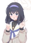  1girl black_hair blue_archive blue_eyes blush cardigan commentary hairband halo jewelry long_hair long_sleeves looking_at_viewer neckerchief necklace nose_blush off_shoulder open_mouth prst_pictuer school_uniform serafuku smile solo sweat turtleneck ui_(blue_archive) upper_body v 