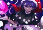  1girl :d black_capelet blob book capelet commentary doremy_sweet dream_soul hat holding holding_book looking_at_viewer nightcap one-hour_drawing_challenge open_mouth pom_pom_(clothes) purple_hair red_headwear skirt smile solo souko_illust tail tapir_tail touhou upper_body violet_eyes white_skirt 