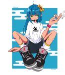  1girl ahoge air_jordan air_jordan_3 artist_name bandaid bandaid_on_arm bandaid_on_cheek bandaid_on_face bandaid_on_knee bandaid_on_leg black_footwear blue_background blue_hair blunt_bangs border cigarette clothes_writing clouds egasumi flower full_body green_eyes grey_footwear grey_shorts hair_flower hair_ornament hand_up highres holding holding_cigarette jitome knees_up long_hair looking_at_viewer nao97122 nike original outside_border paw_print shirt shoes short_sleeves shorts sitting smoking sneakers socks solo sunflower watch watch white_border white_shirt white_socks yellow_flower 