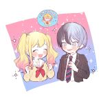  ! !! 1girl 2boys :d ^_^ aoyagi_touya black_jacket blank_eyes blazer blonde_hair blue_hair blue_necktie blush blush_stickers buttons cardigan chibi chibi_inset circle clenched_hands closed_eyes collared_shirt commentary_request cropped_torso dark_blue_hair diagonal-striped_necktie double-parted_bangs facing_another framed gradient_background gradient_hair grey_eyes hair_between_eyes hand_on_own_chest hand_up happy highres jacket kamiyama_high_school_uniform_(project_sekai) lapels laughing light_blue_background light_blue_hair long_hair looking_at_another lower_teeth_only miyamasuzaka_girls&#039;_academy_school_uniform mole mole_under_eye multicolored_background multicolored_hair multicolored_necktie multiple_boys neckerchief necktie notched_lapels open_clothes open_jacket open_mouth pink_background poppu_usagi project_sekai red_neckerchief red_necktie sailor_collar school_uniform serafuku shared_speech_bubble shirt short_hair sidelocks sketch smile sparkle speech_bubble split-color_hair spoken_character star_(symbol) teeth tenma_saki tenma_tsukasa twintails two-tone_hair upper_body upper_teeth_only wavy_hair white_background white_necktie white_sailor_collar white_trim yellow_cardigan 