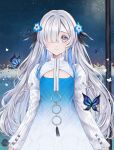  1girl :3 absurdres aqua_dress black_ribbon blue_background blue_butterfly blue_flower blue_hair blurry bokeh bug bush butterfly commentary_request depth_of_field dress film_grain flat_chest flower gradient_dress grey_eyes hair_flower hair_ornament hair_over_one_eye hair_ribbon highres isekai_joucho kamitsubaki_studio light_blush long_hair long_sleeves looking_at_viewer multicolored_hair night night_sky one_eye_covered outdoors pole ribbon shrug_(clothing) sky sleeves_past_wrists solo standing star_(sky) starry_sky straight-on tareme two-tone_dress two-tone_hair very_long_hair virtual_youtuber watermark white_butterfly white_dress white_hair yang_yang030 