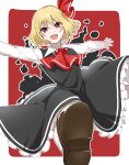 1girl :d ascot black_dress blonde_hair commentary dress embodiment_of_scarlet_devil fang frilled_dress frills hair_ribbon long_sleeves looking_at_viewer open_mouth outstretched_arms red_ascot red_background red_eyes red_ribbon ribbon rumia short_hair smile solo takuan_(yasaibarusu) touhou